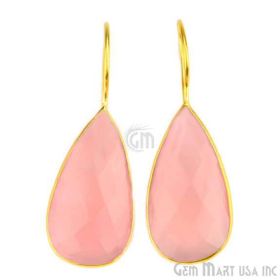 Rose Chalcedony 16x47mm Gold Plated Gemstone Dangle Earrings (RCER-90007) - GemMartUSA