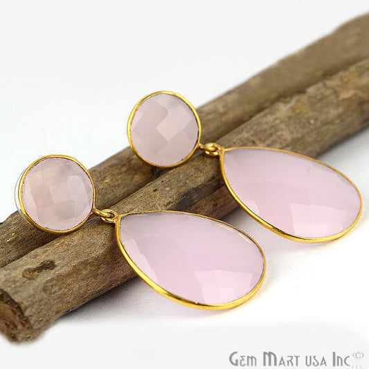 Rose Chalcedony Round & Pears Shape 42x20mm Gold Plated Dangle Stud Earrings - GemMartUSA