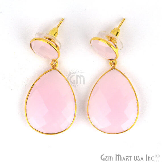 Rose Chalcedony Round & Pears Shape 42x20mm Gold Plated Dangle Stud Earrings - GemMartUSA
