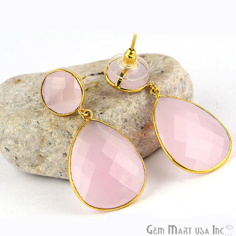 Rose Chalcedony Round & Pears Shape 42x20mm Gold Plated Dangle Stud Earrings - GemMartUSA