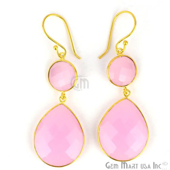 Rose Chalcedony 63x20mm Gold Plated Gemstone Dangle Earrings - GemMartUSA