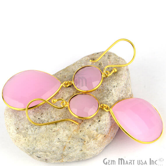 Rose Chalcedony 63x20mm Gold Plated Gemstone Dangle Earrings - GemMartUSA