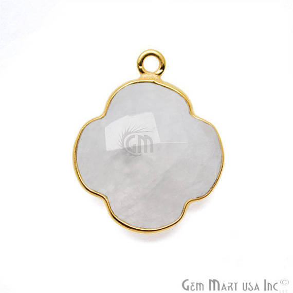 Rainbow Moonstone Clover Shape 16x19mm Gold Plated Bezel Single Bail Gemstone Link Connector - GemMartUSA