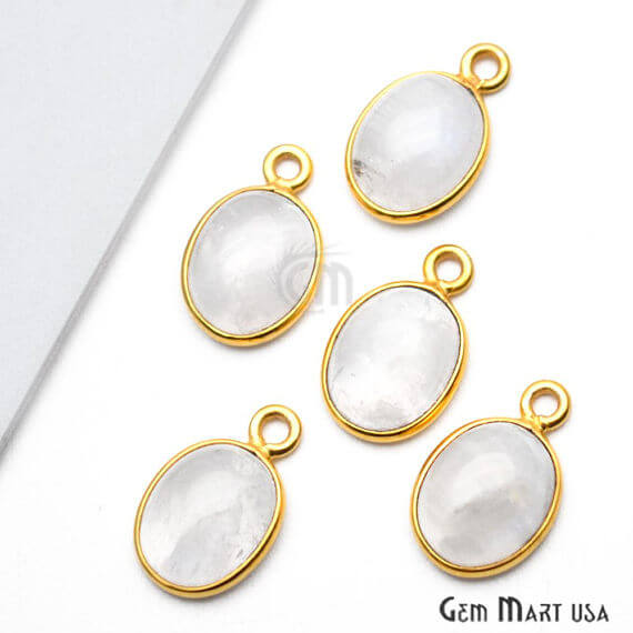 Rainbow Moonstone Oval Shape 10x8mm Gold Plated Bezel Single Bail Gemstone Link Connector - GemMartUSA