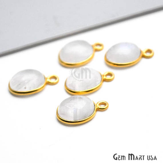 Rainbow Moonstone Oval Shape 10x8mm Gold Plated Bezel Single Bail Gemstone Link Connector - GemMartUSA