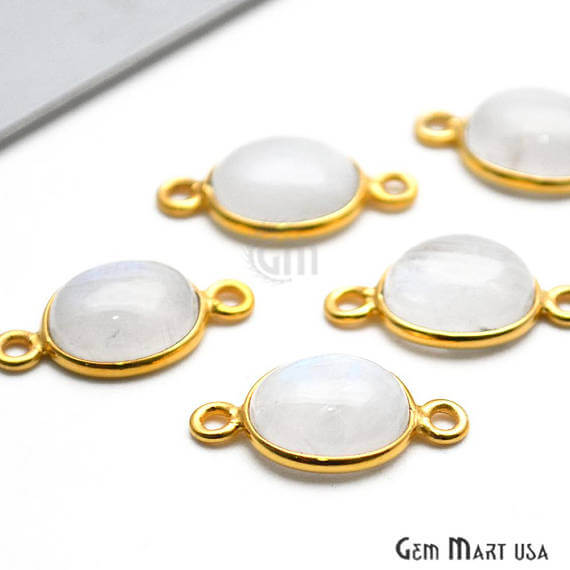 Rainbow Moonstone Oval 10x8mm Gold Plated Bezel Double Bail Gemstone Connector - GemMartUSA