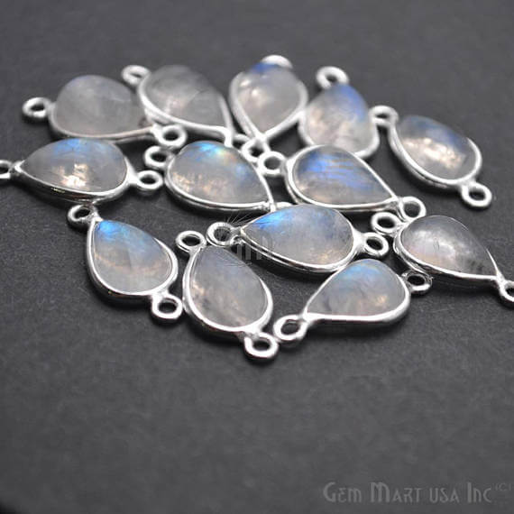 Moonstone Pears 8x12mm Silver Bezel Gemstone Cabochon Connector (Pick Bail) - GemMartUSA