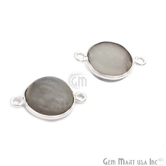 Rainbow Moonstone Round 12mm Silver Plated Bezel Double Bail Gemstone Connector - GemMartUSA