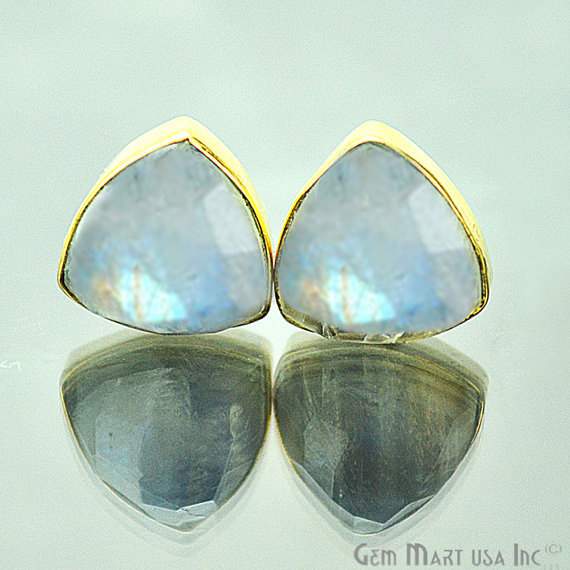 One Pair 24k Gold Plated Rainbow Moonstone Stud, 10mm Trillion Shape Gemstone Studs Earring (RM-90013) - GemMartUSA (762565820463)