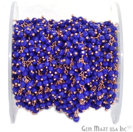 Dark Blue Chalcedony Faceted Beads Rose Gold Plated Cluster Dangle Rosary Chain - GemMartUSA (764184756271)