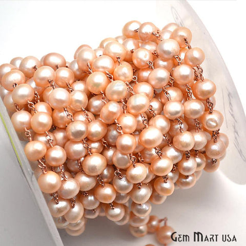 Pink Pearl Gold Plated Wire Wrapped Beads Rosary Chain - GemMartUSA (763944304687)
