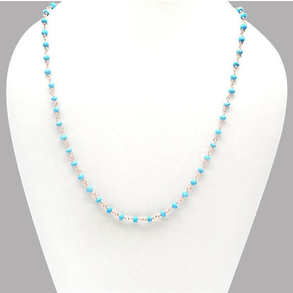 Turquoise Necklace Chain, 3-3.5mm Rose Gold Plated Wire Wrapped Beads Necklace Chain 18Inch Long - GemMartUSA (762456342575)