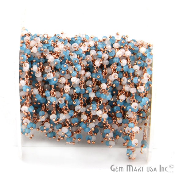 White & Blue Chalcedony Faceted Beads Rose Gold Plated Dangle Rosary Chain - GemMartUSA (764185116719)