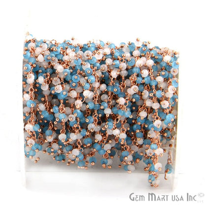 White & Blue Chalcedony Faceted Beads Rose Gold Plated Dangle Rosary Chain - GemMartUSA (764185116719)