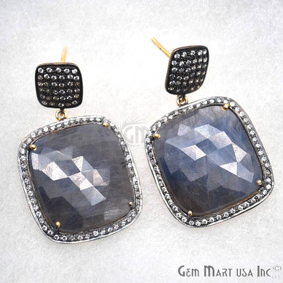 Blue Sapphire With Cubic Zirconia Pave Diamond 40x25mm,Gold Vermeil Dangle Drop Stud Earring - GemMartUSA