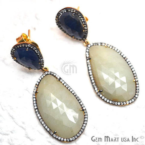 Blue & Green Sapphire With Cubic Zirconia Pave Diamond 50x19mm,Gold Vermeil Dangle Drop Stud Earring - GemMartUSA