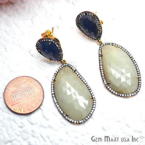 Blue & Green Sapphire With Cubic Zirconia Pave Diamond 50x19mm,Gold Vermeil Dangle Drop Stud Earring - GemMartUSA