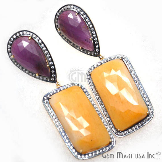 Yellow & Purple Sapphire With Cubic Zirconia Pave Diamond 65x21mm,Gold Vermeil Dangle Drop Stud Earring - GemMartUSA