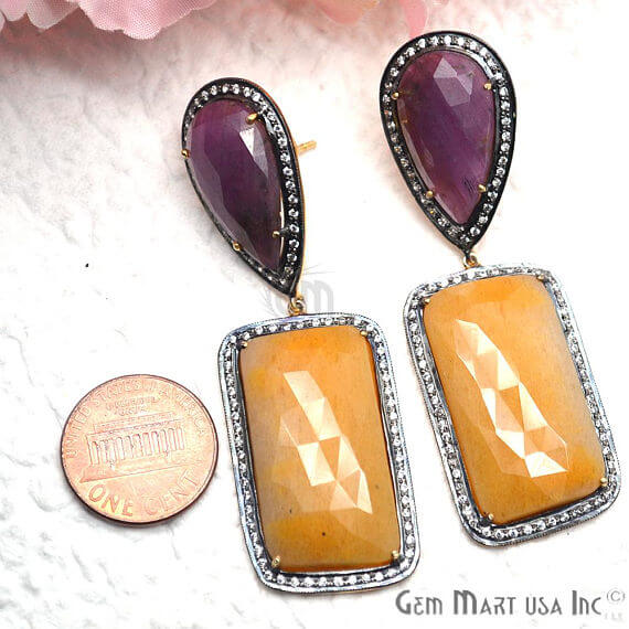 Yellow & Purple Sapphire With Cubic Zirconia Pave Diamond 65x21mm,Gold Vermeil Dangle Drop Stud Earring - GemMartUSA
