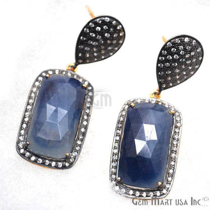 Blue Sapphire With Cubic Zirconia Pave Diamond 45x16mm,Gold Vermeil Dangle Drop Stud Earring - GemMartUSA