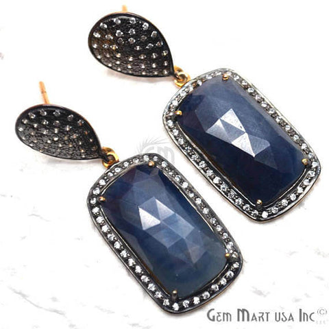 Blue Sapphire With Cubic Zirconia Pave Diamond 45x16mm,Gold Vermeil Dangle Drop Stud Earring - GemMartUSA