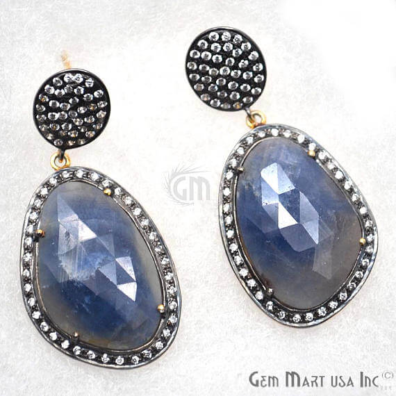 Blue Sapphire With Cubic Zirconia Pave Diamond 42x20mm,Gold Vermeil Dangle Drop Stud Earring - GemMartUSA