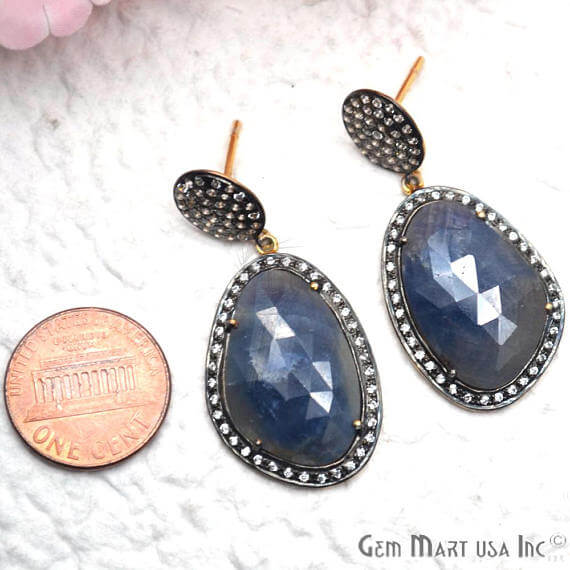Blue Sapphire With Cubic Zirconia Pave Diamond 42x20mm,Gold Vermeil Dangle Drop Stud Earring - GemMartUSA