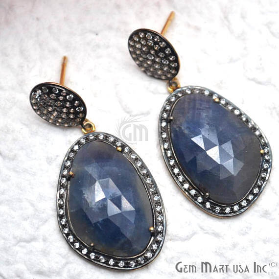 Blue Sapphire With Cubic Zirconia Pave Diamond 42x20mm,Gold Vermeil Dangle Drop Stud Earring - GemMartUSA