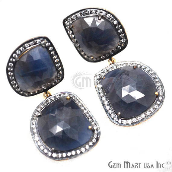 Blue Sapphire With Cubic Zirconia Pave Diamond 44x20mm,Gold Vermeil Dangle Drop Stud Earring - GemMartUSA
