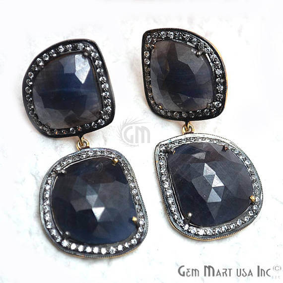 Blue Sapphire With Cubic Zirconia Pave Diamond 44x20mm,Gold Vermeil Dangle Drop Stud Earring - GemMartUSA