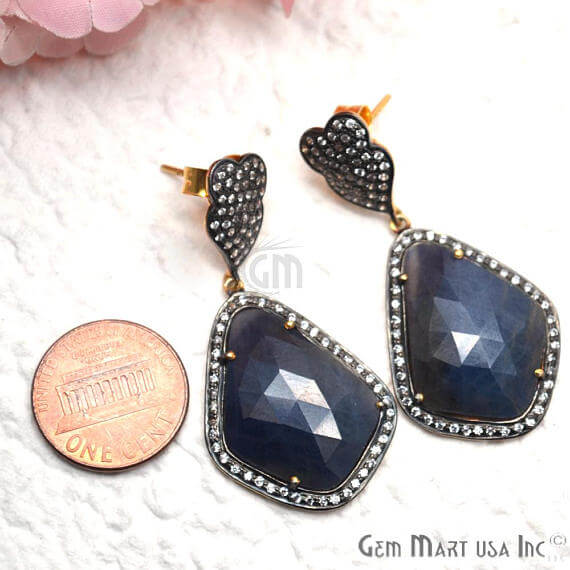 Blue Sapphire With Cubic Zirconia Pave Diamond 56x23mm,Gold Vermeil Dangle Drop Stud Earring - GemMartUSA