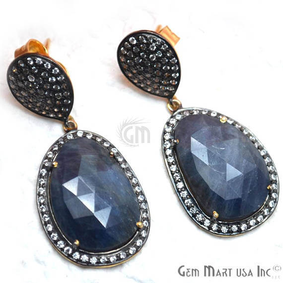 Blue Sapphire With Cubic Zirconia Pave Diamond 42x18mm,Gold Vermeil Dangle Drop Stud Earring - GemMartUSA