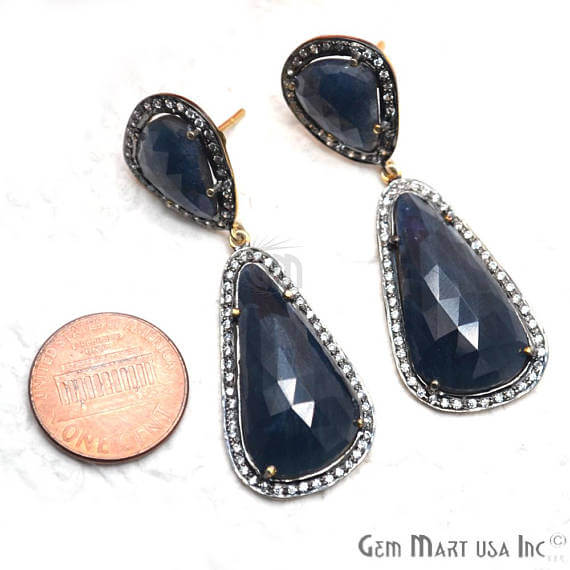 Blue Sapphire With Cubic Zirconia Pave Diamond 53x17mm,Gold Vermeil Dangle Drop Stud Earring - GemMartUSA