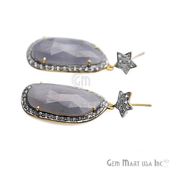 Blue Sapphire With Cubic Zirconia Pave Diamond 43x16mm,Gold Vermeil Dangle Drop Stud Earring - GemMartUSA