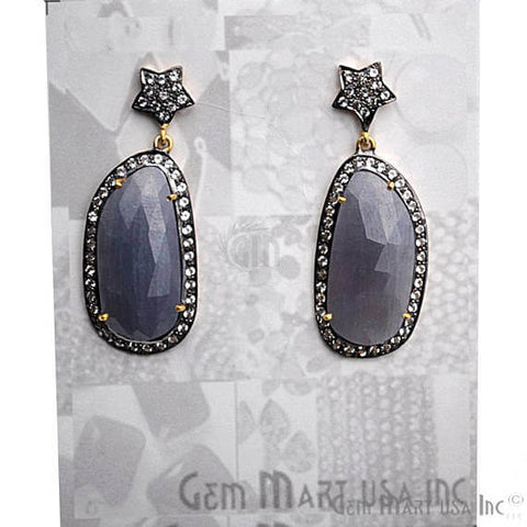 Blue Sapphire With Cubic Zirconia Pave Diamond 43x16mm,Gold Vermeil Dangle Drop Stud Earring - GemMartUSA