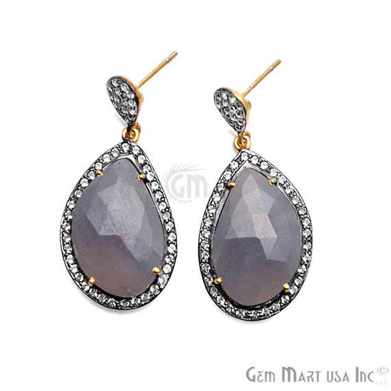 Blue Sapphire With Cubic Zirconia Pave Diamond 19x41mm,Gold Vermeil Dangle Drop Stud Earring - GemMartUSA