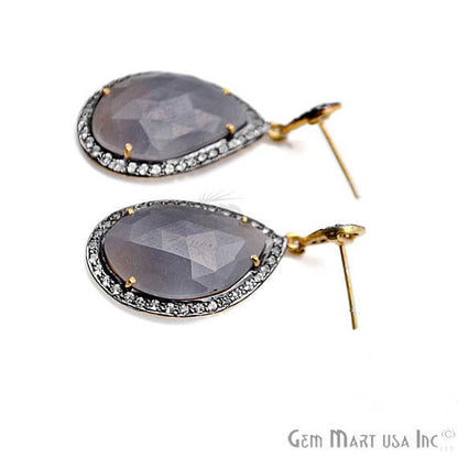 Blue Sapphire With Cubic Zirconia Pave Diamond 19x41mm,Gold Vermeil Dangle Drop Stud Earring - GemMartUSA