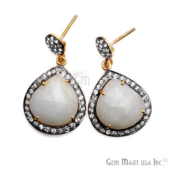 White Sapphire With Cubic Zirconia Pave Diamond 35x20mm,Gold Vermeil Dangle Drop Stud Earring - GemMartUSA