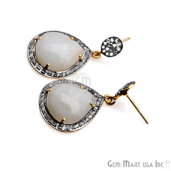 White Sapphire With Cubic Zirconia Pave Diamond 35x20mm,Gold Vermeil Dangle Drop Stud Earring - GemMartUSA