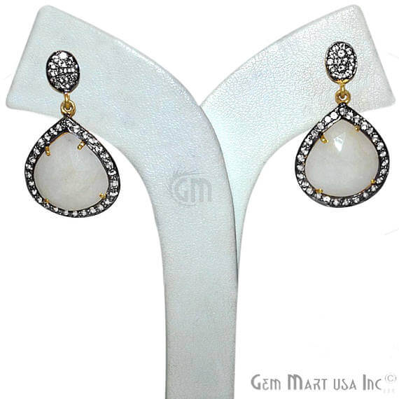 White Sapphire With Cubic Zirconia Pave Diamond 35x20mm,Gold Vermeil Dangle Drop Stud Earring - GemMartUSA