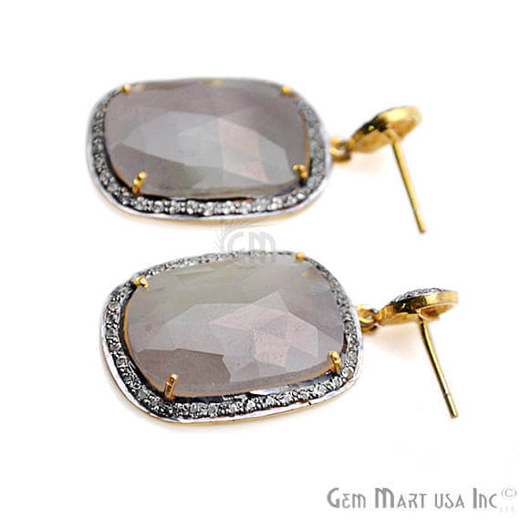 Grey Sapphire With Cubic Zirconia Pave Diamond 22x40mm,Gold Vermeil Dangle Drop Stud Earring - GemMartUSA
