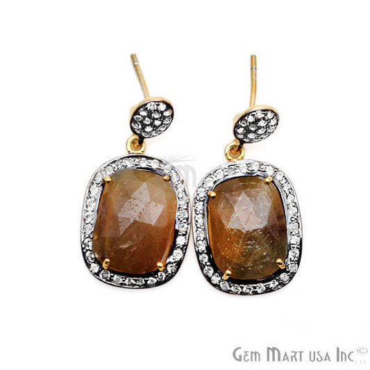 Brown Sapphire With Cubic Zirconia Pave Diamond 33x16mm,Gold Vermeil Dangle Drop Stud Earring - GemMartUSA