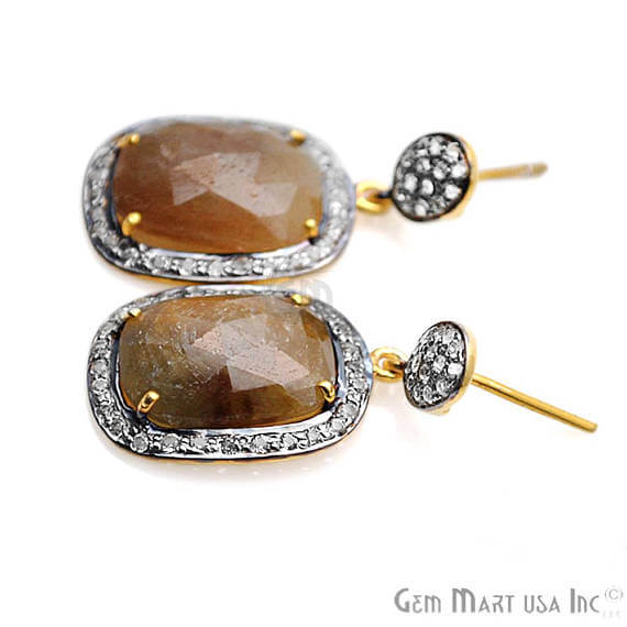 Brown Sapphire With Cubic Zirconia Pave Diamond 33x16mm,Gold Vermeil Dangle Drop Stud Earring - GemMartUSA