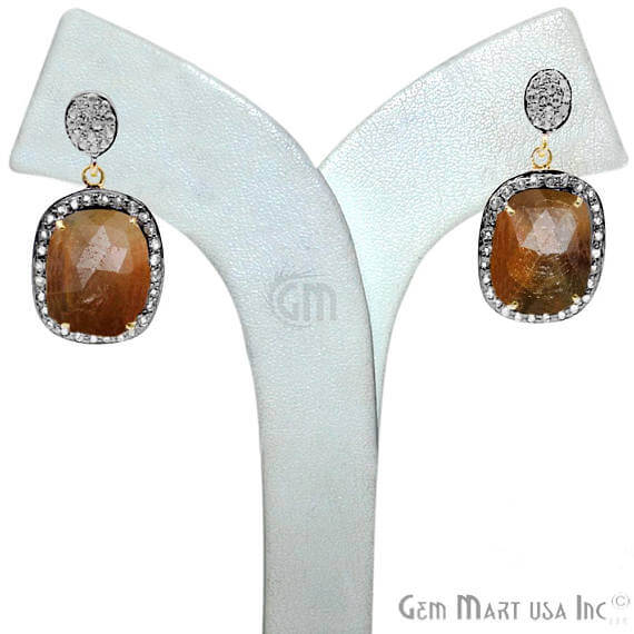 Brown Sapphire With Cubic Zirconia Pave Diamond 33x16mm,Gold Vermeil Dangle Drop Stud Earring - GemMartUSA