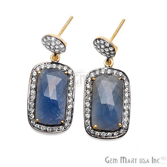 Blue Sapphire With Cubic Zirconia Pave Diamond 36x15mm,Gold Vermeil Dangle Drop Stud Earring - GemMartUSA