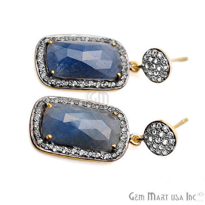 Blue Sapphire With Cubic Zirconia Pave Diamond 36x15mm,Gold Vermeil Dangle Drop Stud Earring - GemMartUSA