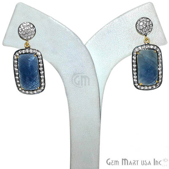 Blue Sapphire With Cubic Zirconia Pave Diamond 36x15mm,Gold Vermeil Dangle Drop Stud Earring - GemMartUSA