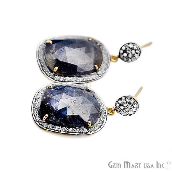 Blue Sapphire With Cubic Zirconia Pave Diamond 36x19mm,Gold Vermeil Dangle Drop Stud Earring - GemMartUSA