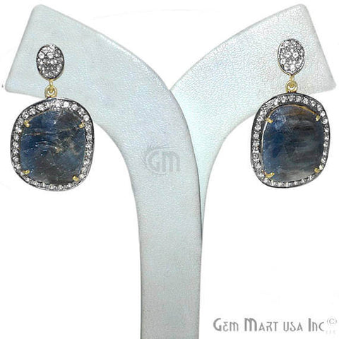Blue Sapphire With Cubic Zirconia Pave Diamond 36x19mm,Gold Vermeil Dangle Drop Stud Earring - GemMartUSA