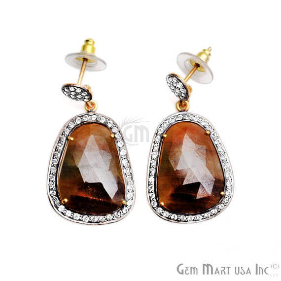 Brown Sapphire With Cubic Zirconia Pave Diamond 39x20mm,Gold Vermeil Dangle Drop Stud Earring - GemMartUSA